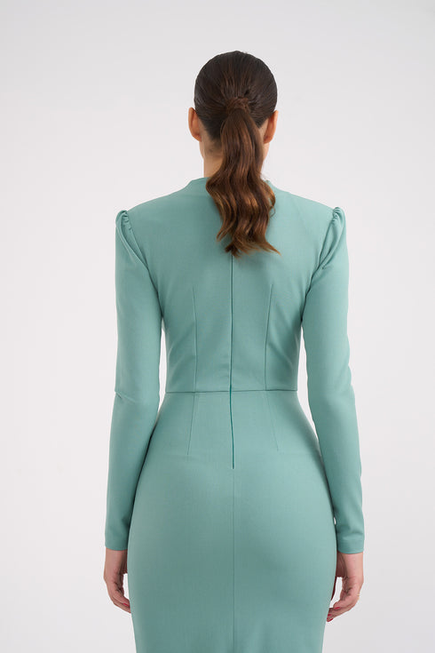 Long Sleeves Neck Detailed Pencil Skirt Dress